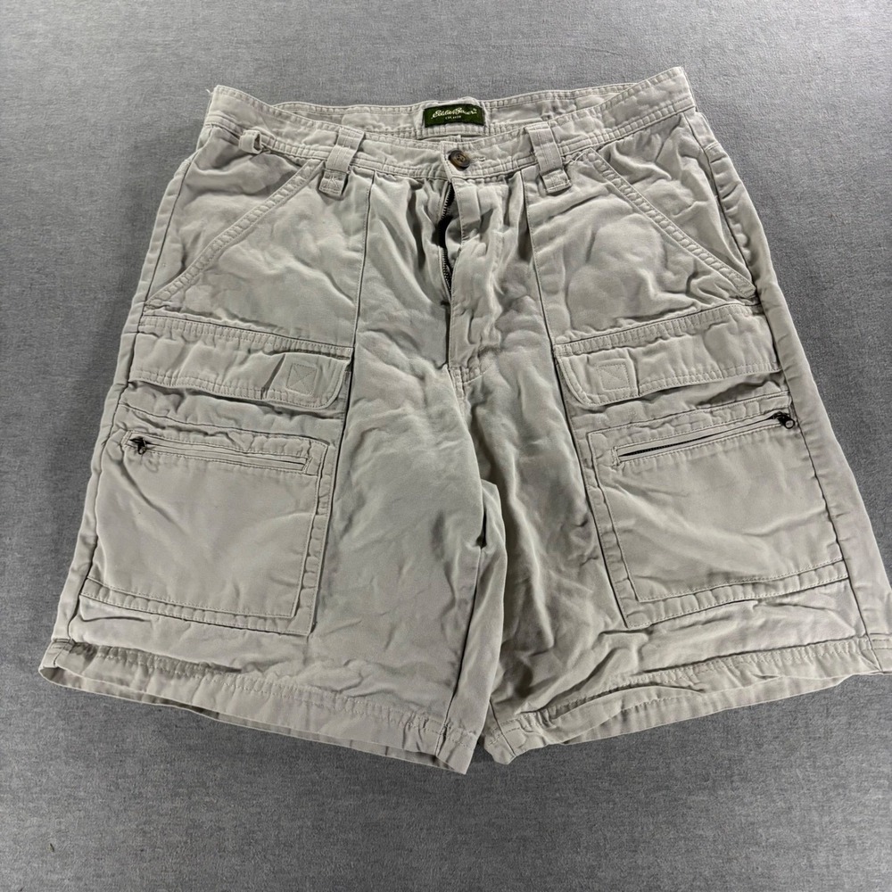 Eddie Bauer Mens Khaki Canvas Cargo Shorts Size 34 Tan Outdoor Hiking 0080